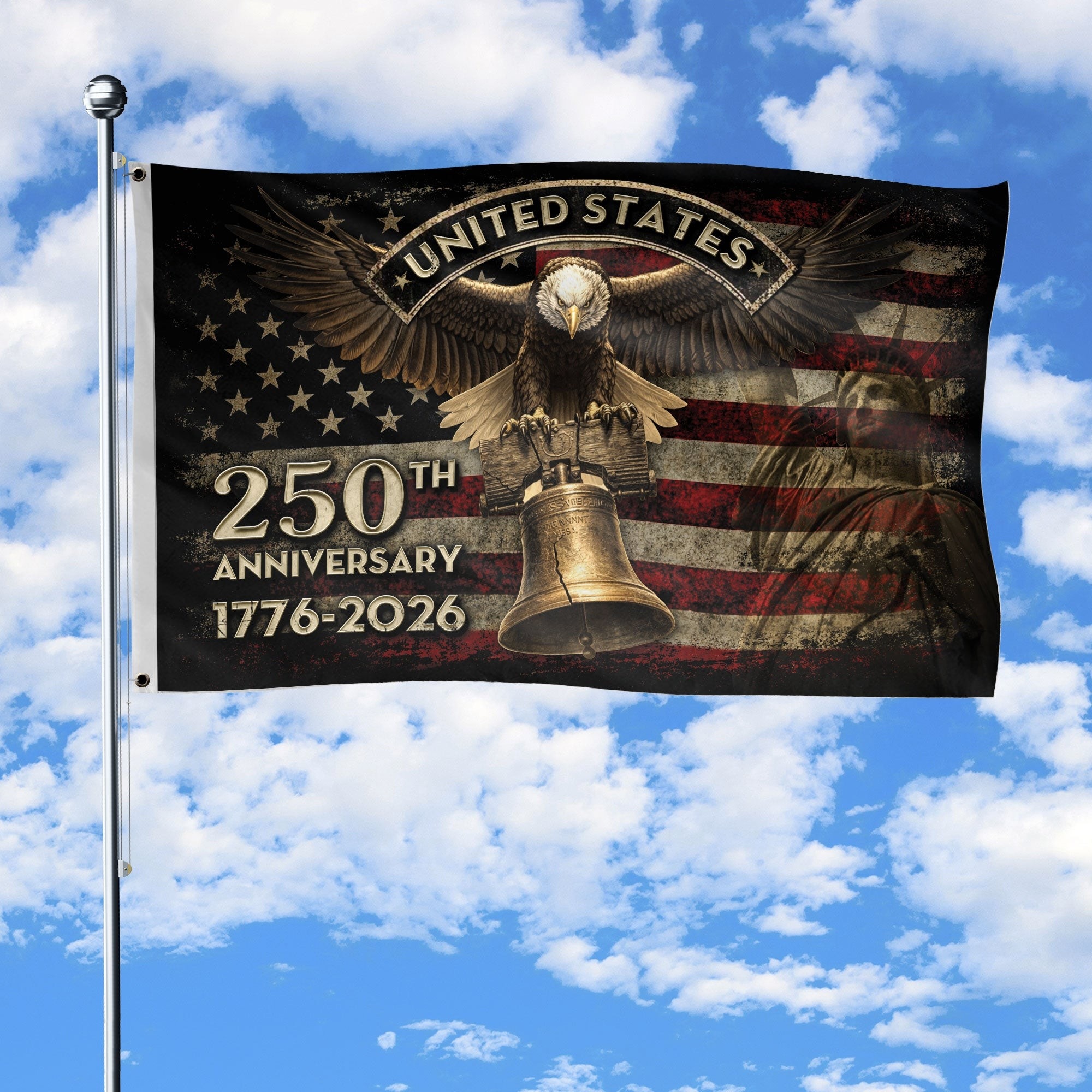 United States 250th Anniversary Flag 1776-2026 with Eagle and Liberty Bell