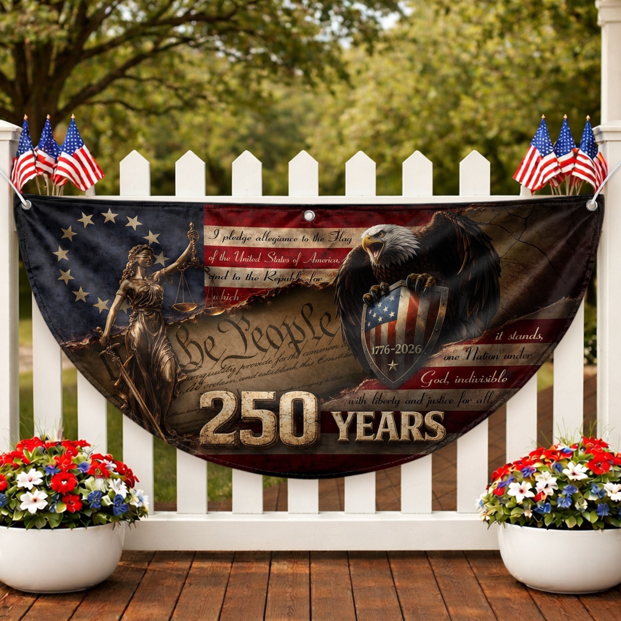 We The People Lady Justice Patriotic Eagle Fence Flag 1776-2026 250 Years