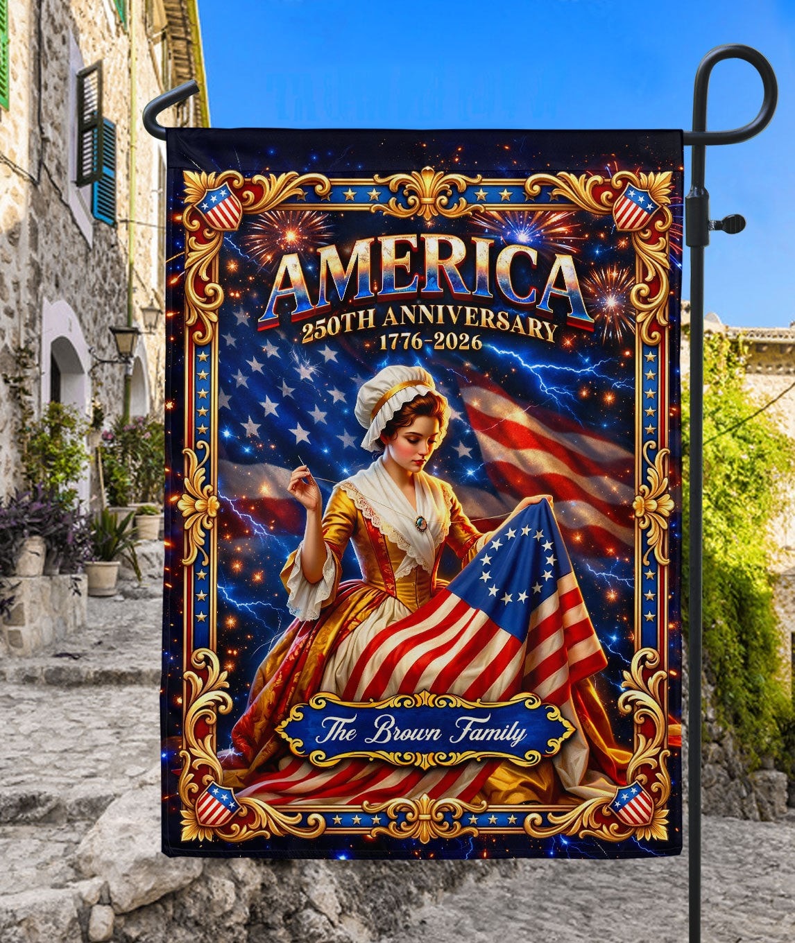 Custom Family Name Betsy Ross America 250th Anniversary Garden Flag 1776-2026 Patriotic Banner