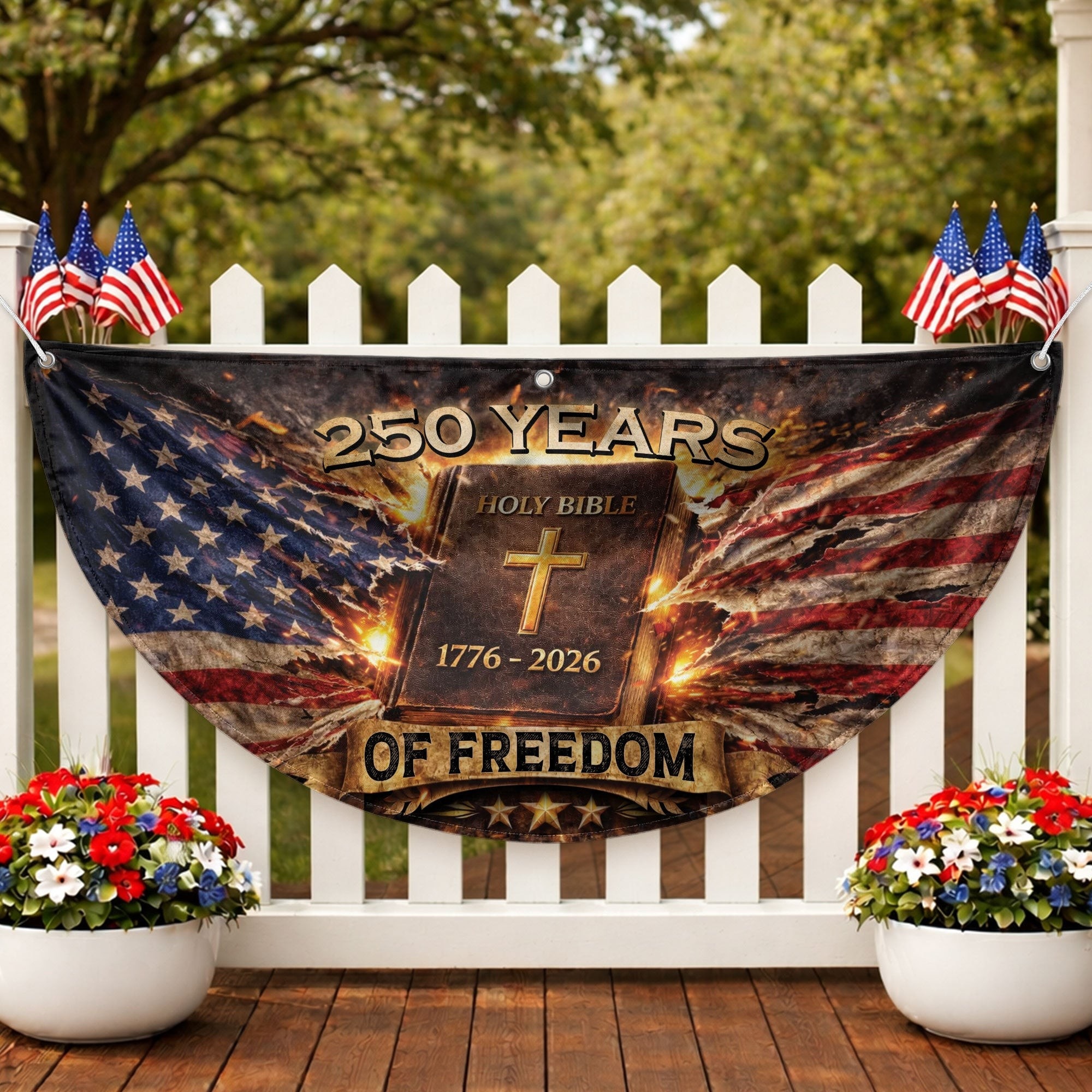 USA 250th Anniversary Fence Flag 1776-2026 Christian Cross Bible Patriotic Banner