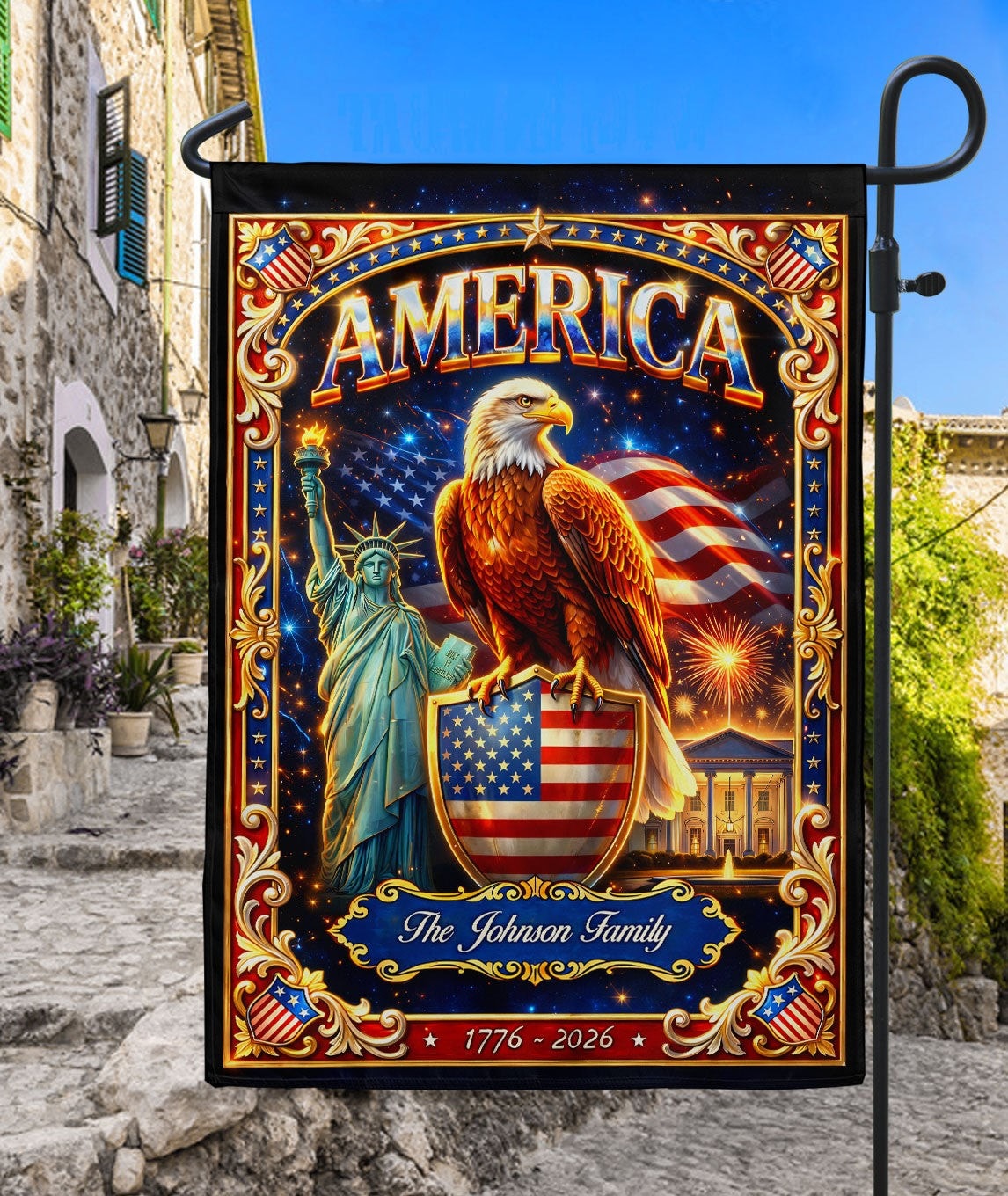 Custom Family Name 250th Anniversary Garden Flag USA Eagle Statue of Liberty 1776-2026