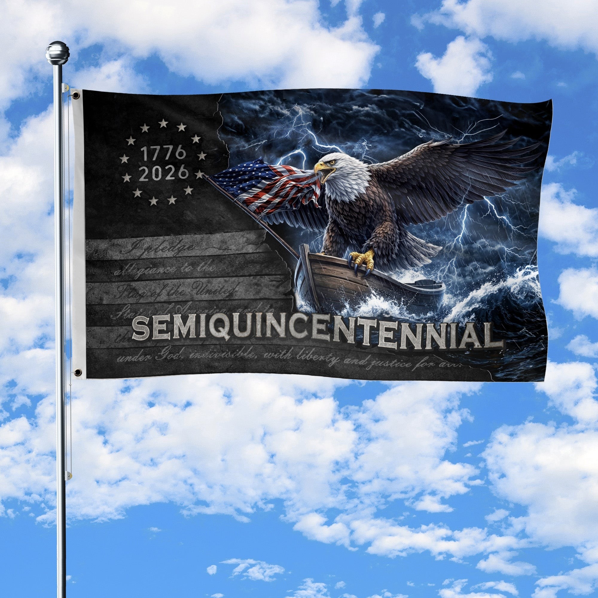 America 250th Anniversary Flag 1776-2026 Bald Eagle Lightning Bootleg Style Double-Sided House Flag